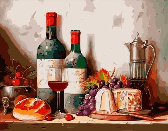 Картина по номерам 40x50 Натюрморт с вином, сыром и виноградом