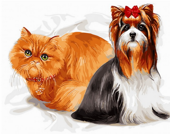 Картина по номерам 40x50 Рыжая кошка и маленькая болонка
