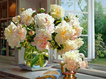 Без бренда «Ваза с букетом белых пионов у окна» в Томске