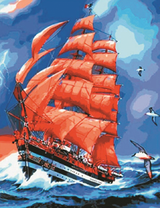 Корабль с красными парусами в буйном море