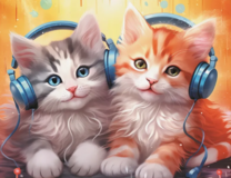 Два пушистых полосатых котенка в наушниках
