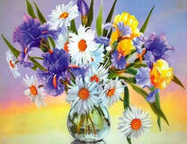 Ваза с ромашками и ирисами