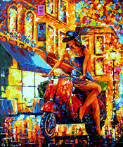 Девушка на мопеде в вечернем городе